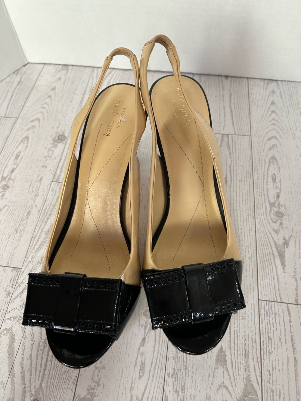 kate spade Beige Leather Slingback Heels with Black Patent Bow